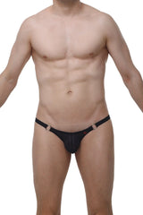 Black mesh thong with gold-toned metal rings at the sides from petitq bikini ladon macra black collection