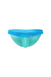 Petitq bikini linthes bamboo green men’s brief in turquoise and bright blue with smooth form-fitting design