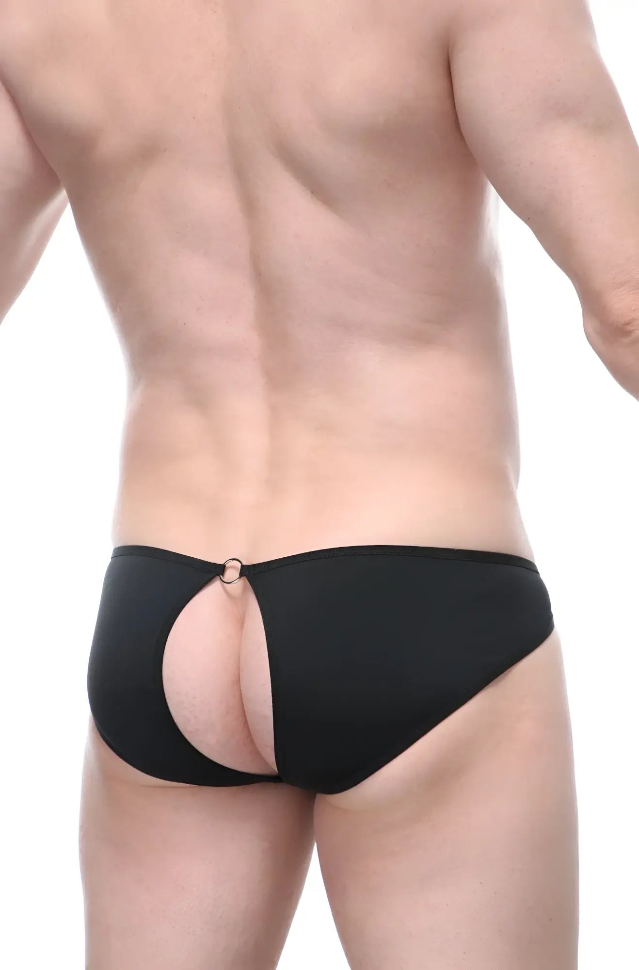 Black petitq bikini manol ring briefs showing back side with form fitting cutout and small metal ring detail