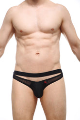 Petitq bikini mardie black briefs featuring black mesh and solid fabric with a red logo on the side