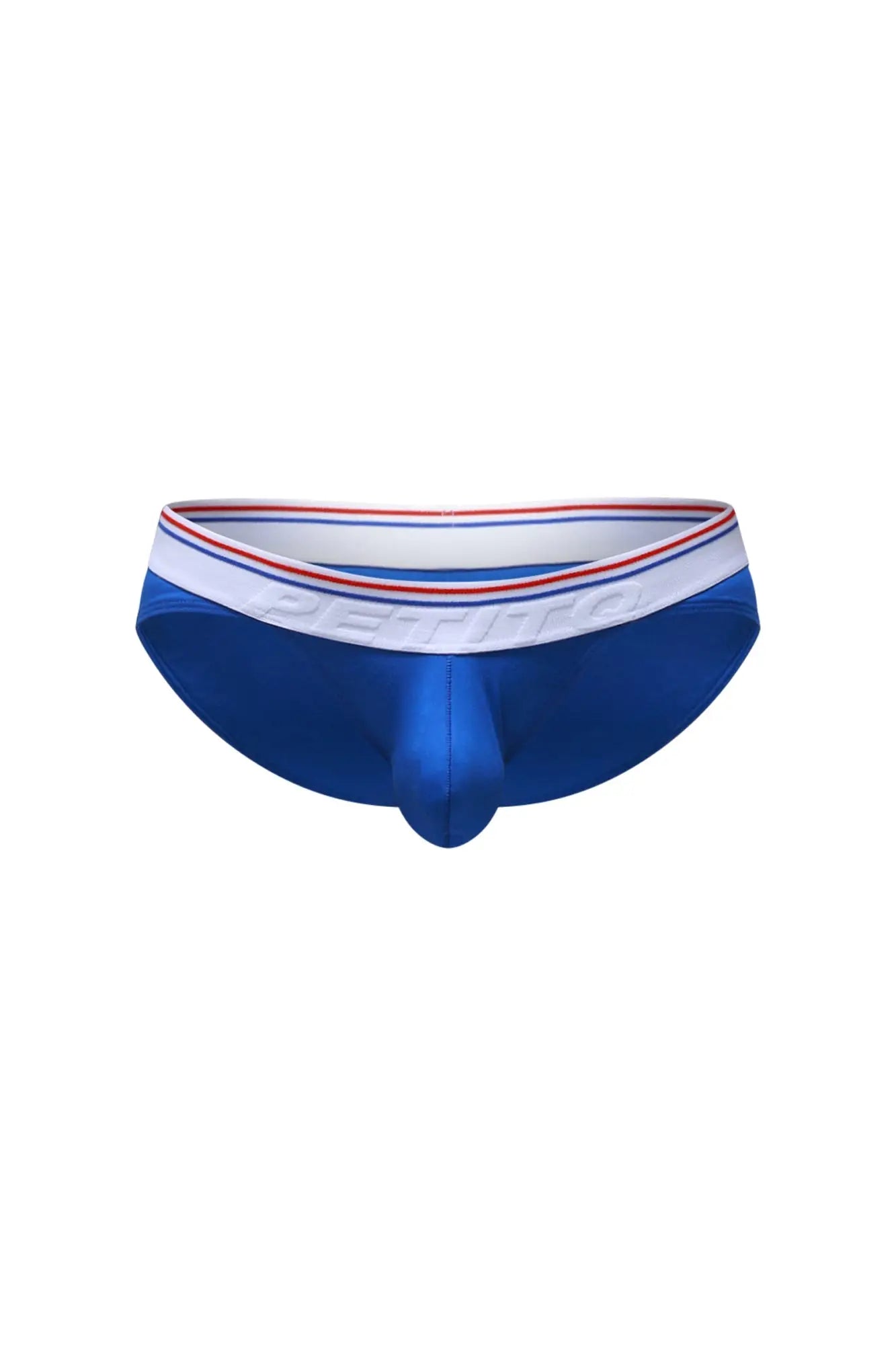 Petitq bikini mega bulge modal blue men’s briefs blue with white waistband red and blue stripes embossed pethro branding