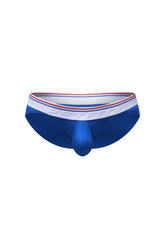 Petitq bikini mega bulge modal blue men’s briefs blue with white waistband red and blue stripes embossed pethro branding