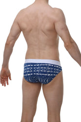 Blue and white patterned petitq bikini mega bulge men’s briefs with solid white waistband in denim style