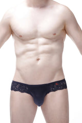 Black lace-trimmed men’s briefs with satin finish and subtle red petitq logo on waistband in black color