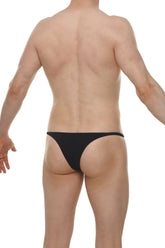 Black bikini plellis thong made of smooth form-fitting fabric shown from the back side