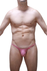 Pink satin thong with a small red logo on the side from petitq bikini plellis cameo pink collection