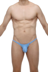 Light blue form-fitting thong with subtle red logo on the side from petitq bikini plellis cornflower collection