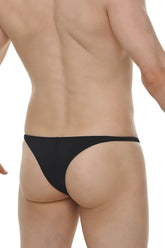 Black thong bikini plellis joe made of smooth stretchy fabric with a narrow waistband shown from the back side