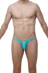 Turquoise metallic men’s thong underwear with sleek fit and small logo by Arthus and NicoBikini Plellis Joe Green