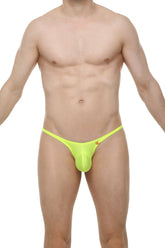 Bright neon yellow bikini plellis joe thong with small orange logo on the side front view
