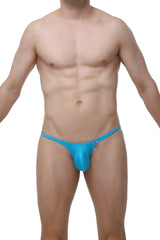 Bright blue form-fitting thong made of smooth stretchy fabric with small logo by Arthus and Nico for men