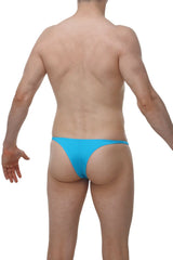 Bright blue form-fitting thong swimsuit from petitq men’s sexy underwear by arthus and nicobikini in turquoise
