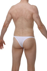 White petiteq men’s thong underwear by arthus and nicobikini made of smooth stretchy fabric shown from the back
