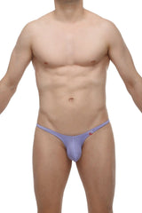 Lavender-colored form-fitting thong with a subtle red logo on the sideband from petitq bikini plellis lilac collection