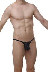 Black lace thong with textured mesh pattern and thin straps from petitq bikini plellis macra black collection