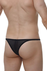 Black mesh thong with subtle geometric pattern from petitq bikini plellis macra in black shown from the back