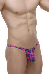 Petitq bikini plellis tropical hearts men’s thong with vibrant pink and navy blue tropical leaf pattern