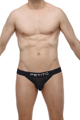 Black petitq bikini pons men’s briefs with sheer mesh front and white logo branding in lightweight fabric