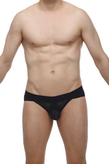 Black petitq bikini protruder durtol briefs with perforated mesh design shown from the back side