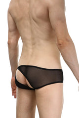 PetitQ bikini rift net black sheer mesh briefs with solid black waistband and leg openings front view