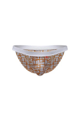 A pair of petitq bikini sillas carlot alloy men’s briefs with tan and white geometric pattern and solid white waistband