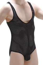 Petitq bodybrief durtol black black mesh one-piece bodysuit with deep v-neckline and thin shoulder straps