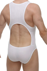 White ribbed mesh one-piece swimsuit with a large back cutout shown from the back petitq bodybrief open white