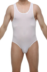 Petitq bodybrief open white sheer mesh one-piece swimsuit with scoop neckline and high-cut legs