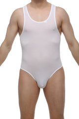 Petitq bodybrief open white sheer mesh one-piece swimsuit with scoop neckline and high-cut legs