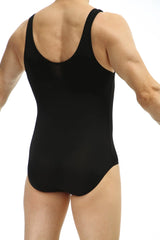 Black petitq bodybrief plum one-piece leotard with wide shoulder straps and rounded back neckline shown from back