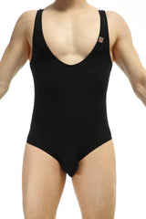 PetitQ bodybrief plum black black one-piece swimsuit with deep v-neckline and thin shoulder straps