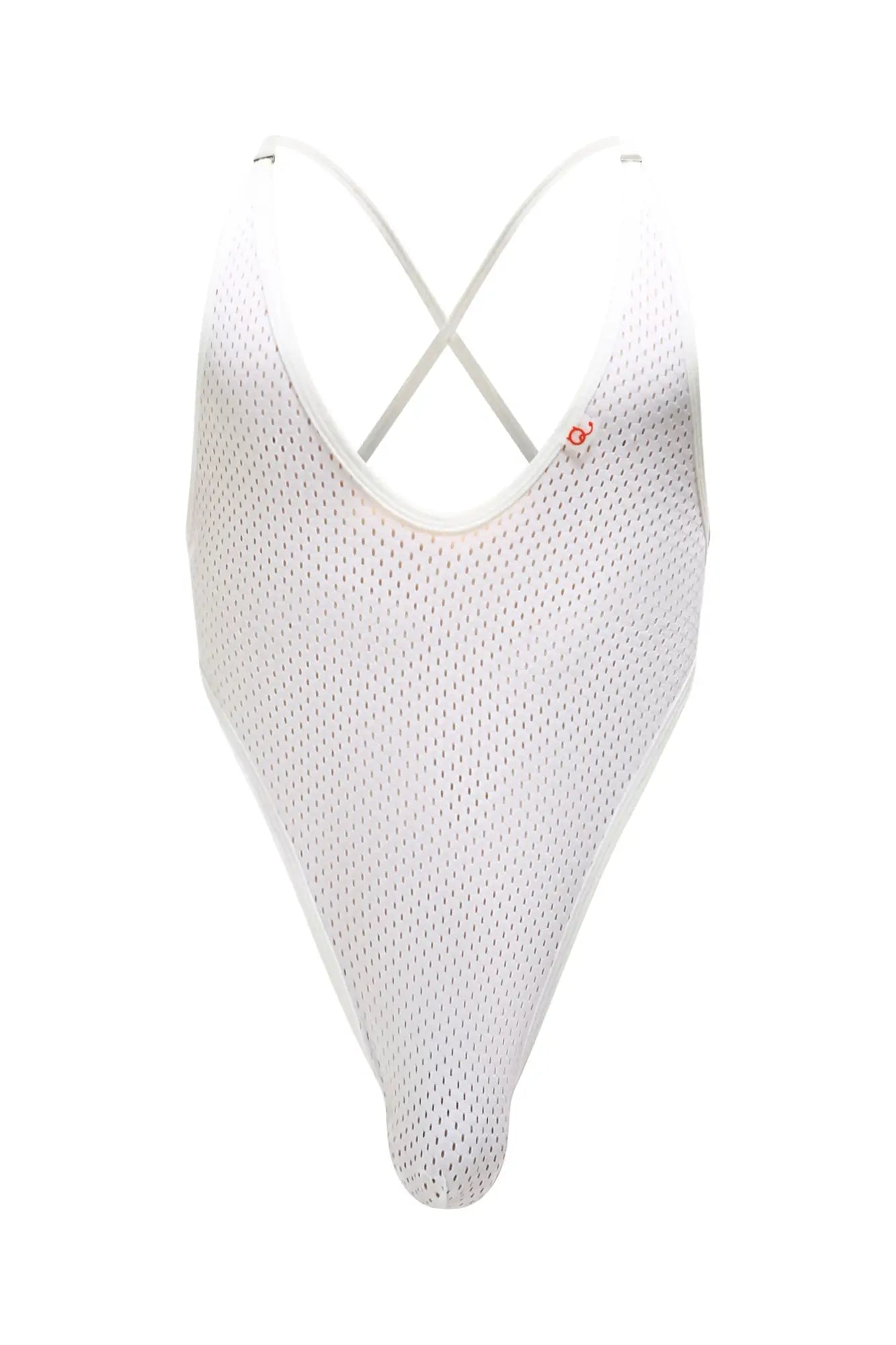 White mesh one-piece swimsuit petitq bodystring tarare bee with crisscross back straps shown from the back