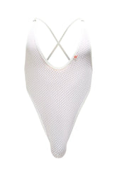 White mesh one-piece swimsuit petitq bodystring tarare bee with crisscross back straps shown from the back