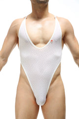 White mesh one-piece swimsuit with deep v-neckline and thin straps from PetitQ Bodystring Tarare Bee White collection