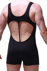 Black petitq bodysuit boxer linthal wrestling singlet with form-fitting design and heart-shaped cutout on back side
