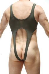 Olive green mesh one-piece swimsuit with back cutout design from petitq bodysuit caussol bee green collection
