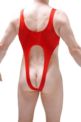 Back view of petitq bodysuit caussol bee red red mesh one-piece swimsuit with distinctive cutout design
