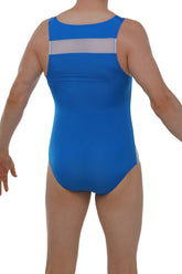 Back view of petitq bodysuit herly blue bright blue leotard with silver mesh panel and trim on side seams