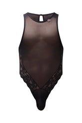 PetitQ bodysuit Murol black sheer mesh with intricate lace trim along sides shown from the back with clasp closure