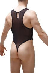 Petitq bodysuit murol black sheer mesh one-piece swimsuit with black trim and back zipper closure shown from back