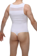 PetitQ bodysuit Raix white sleeveless form-fitting bodysuit with sheer mesh panel on the upper back shown from back side