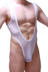White sheer one-piece petitq bodysuit thong lepuil net in white with thin straps and deep v-neckline