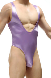 A shiny lavender satin one-piece swimsuit with a deep v-neckline and high-cut legs petitq bodysuit thor lilac