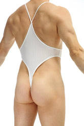White mesh one-piece swimsuit with thin shoulder straps and high-cut leg design petitq bodythong causson bee white
