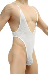 PetitQ bodythong causson bee white white mesh one-piece swimsuit with thin straps and deep v-back cut shown from back side