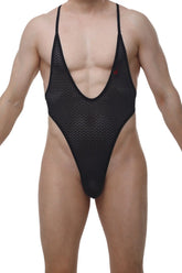 PetitQ bodythong causson macra black is a black mesh one-piece swimsuit with thin straps and a deep v-neckline