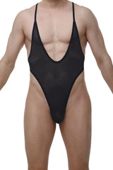 PetitQ bodythong causson macra black is a black mesh one-piece swimsuit with thin straps and a deep v-neckline