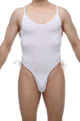 White petitq bodythong lacets one-piece swimsuit with thin spaghetti straps and side ties visible from the back