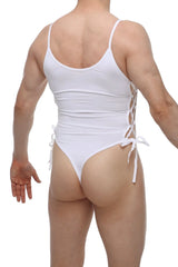 White one-piece swimsuit with thin straps and lace-up back design shown from the back in petitq bodythong lacets white