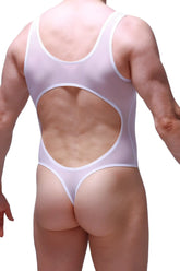 White sheer one-piece swimsuit petitq bodythong nexon net white with large back cutout and thin straps shown from back